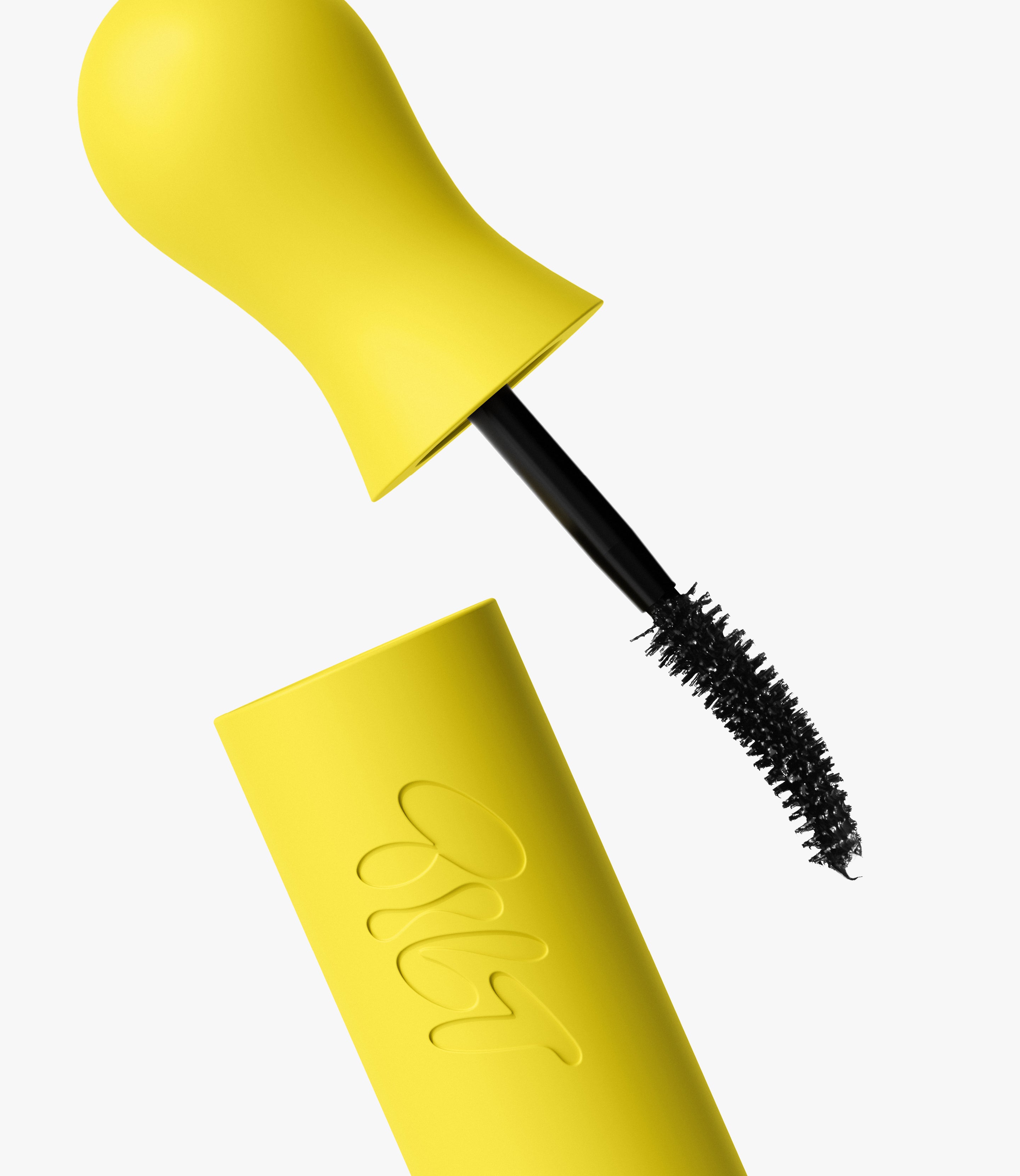 Curved brush short wand black mascara in yellow case