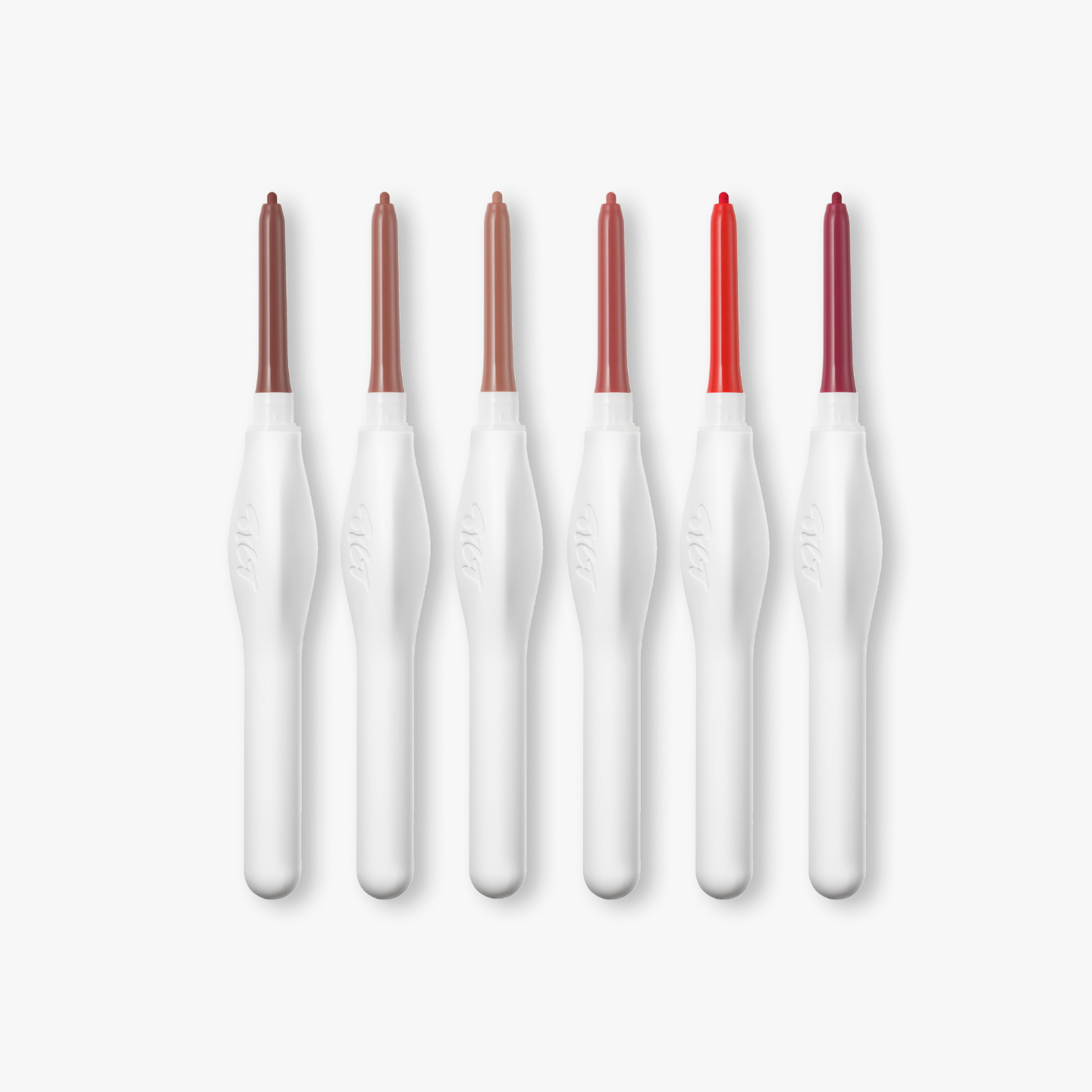 Set of six white Lip Liner applicators with tips matching the color of the liners, ranging from red to brown to pink on a light gray background