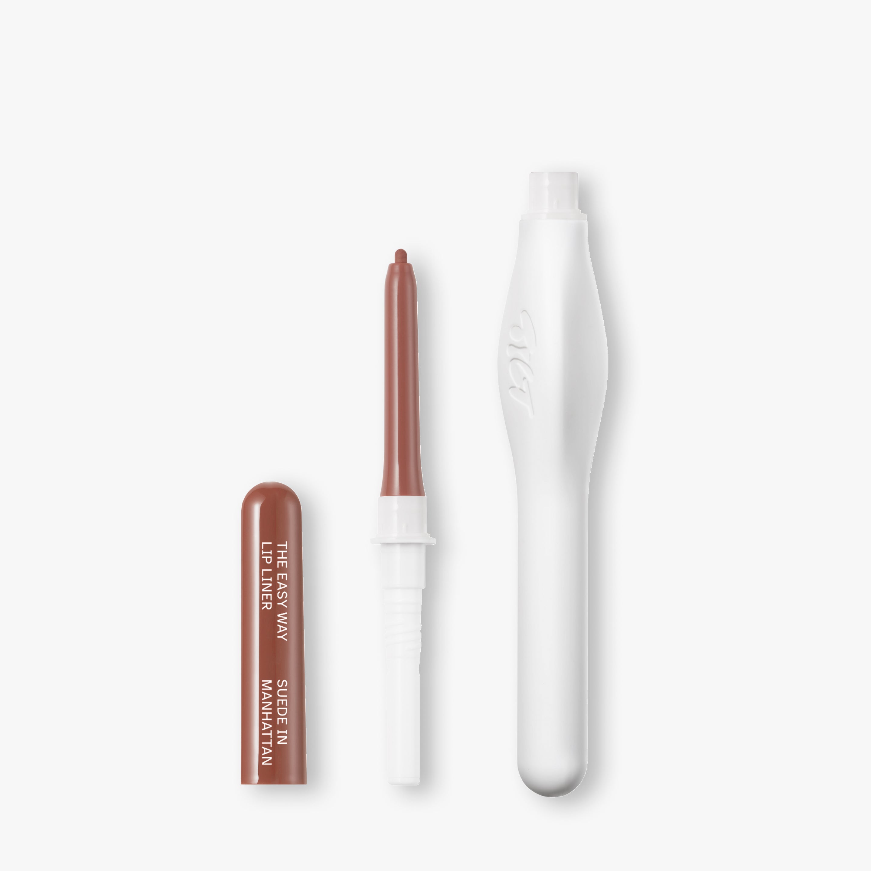 Lip liner refill with applicator and packaging on a white background