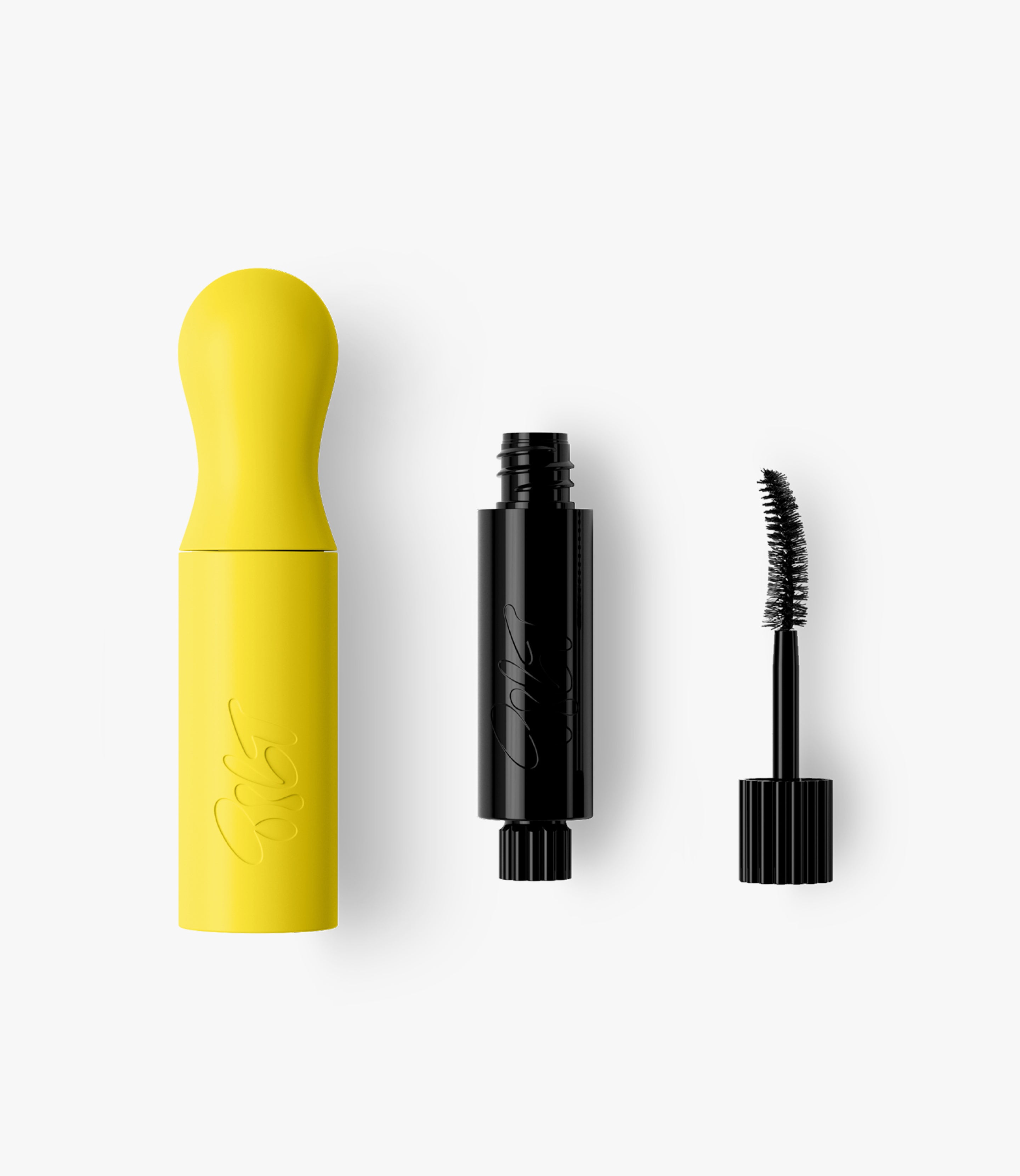 A set that contains one assembled Lashscape mascara with a shortened wand and a curved brush in a yellow case along with an additional black refill tube of mascara with another new brush