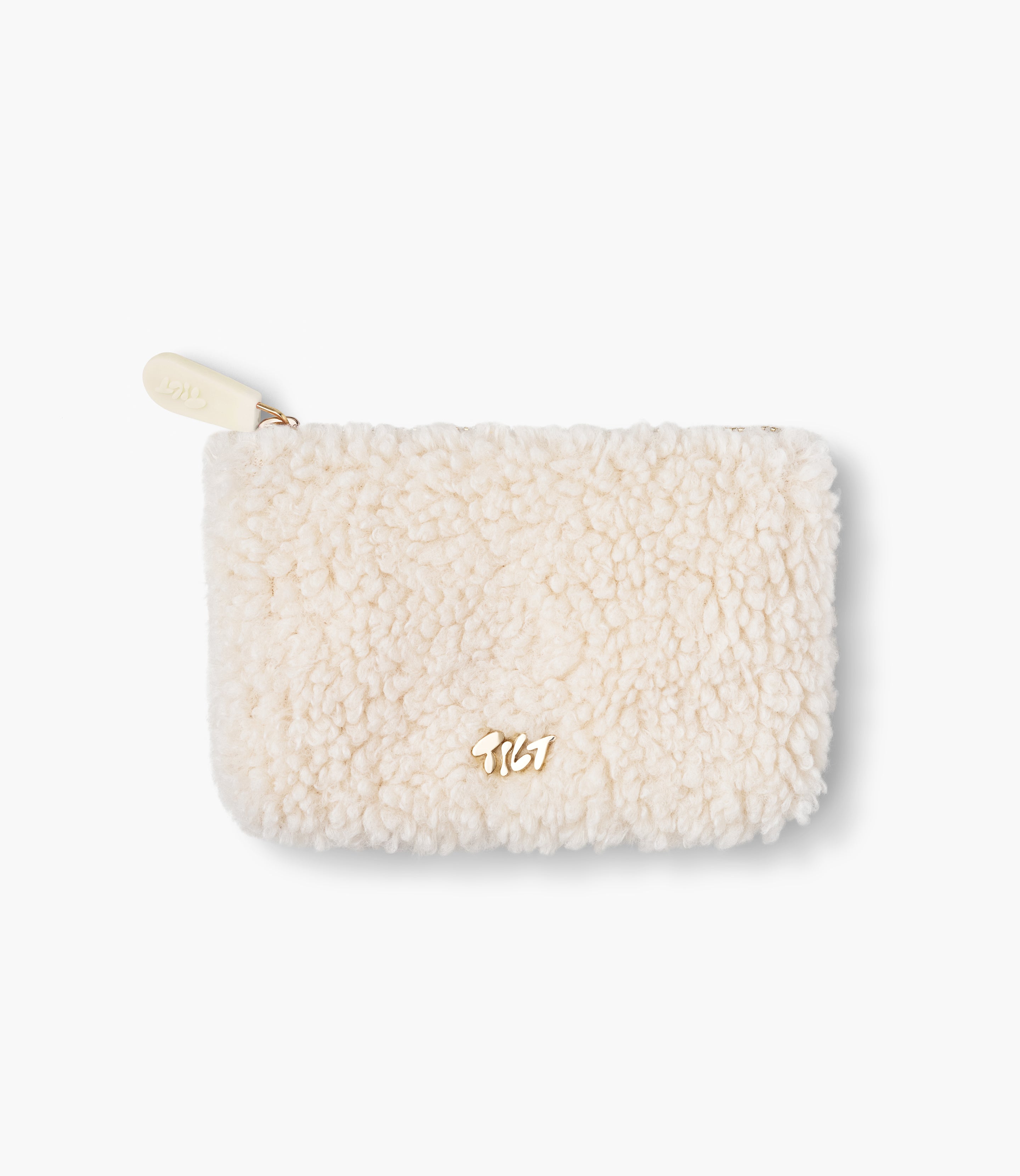 Small cream sherpa pouch with gold hardware and rubberized zipper pull