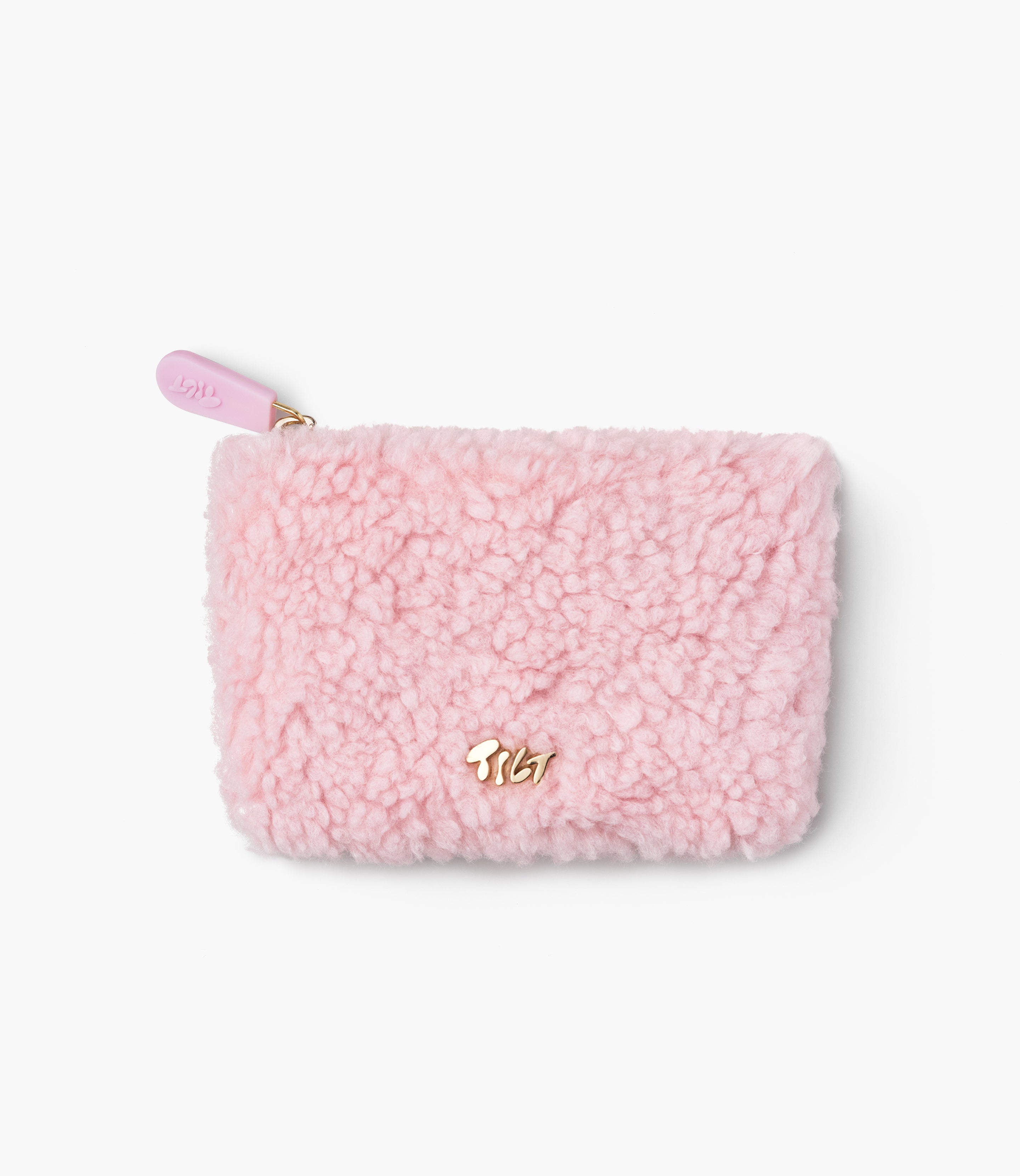 Small pink sherpa pouch with gold hardware and rubberized zipper pull