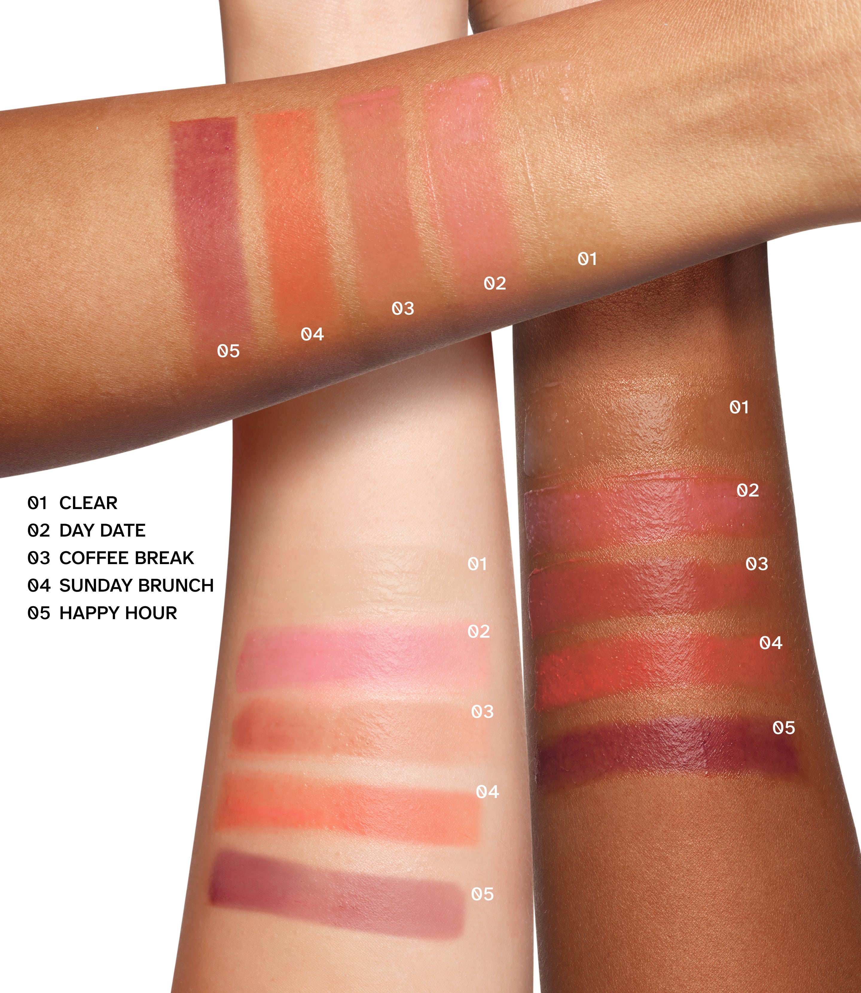 Three arms swatching all 5 shades of Gripstick Lip Treatment on light, medium and dark skin tones