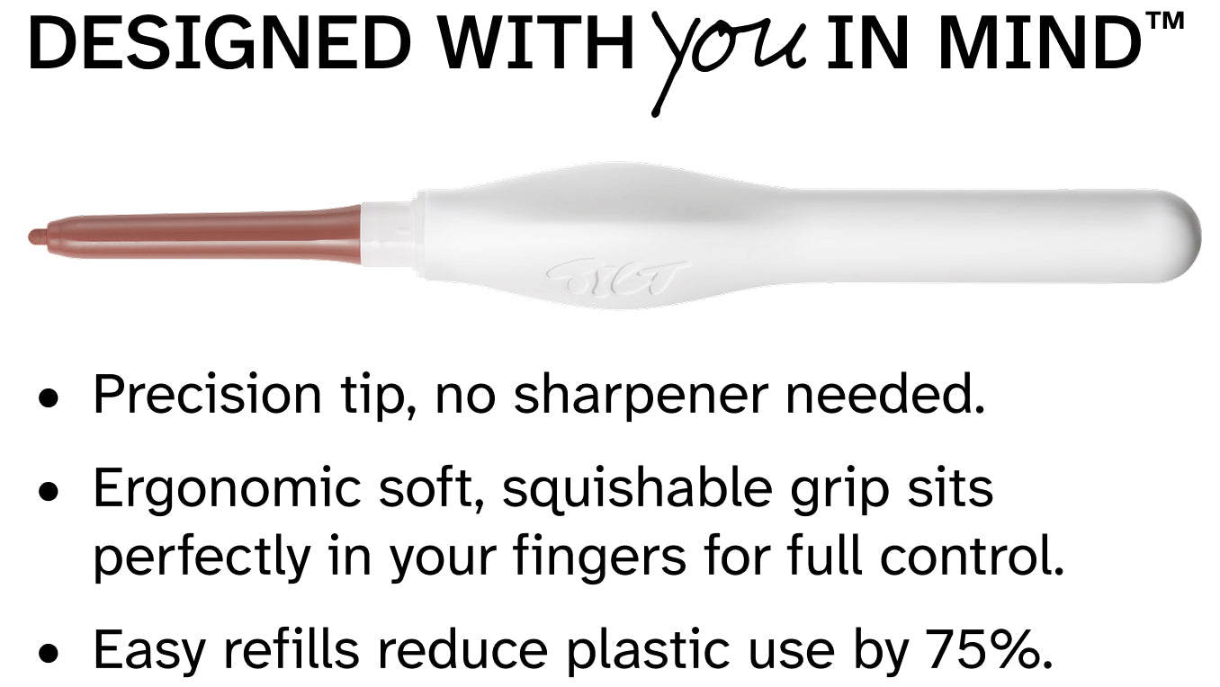 White lip liner on a white background, featuring text about design and features. Precision tip, no sharpener needed. Easy refills reduce plastic use by 75%. Ergonomic soft, squishable grip sits perfectly in your fingers for full control.