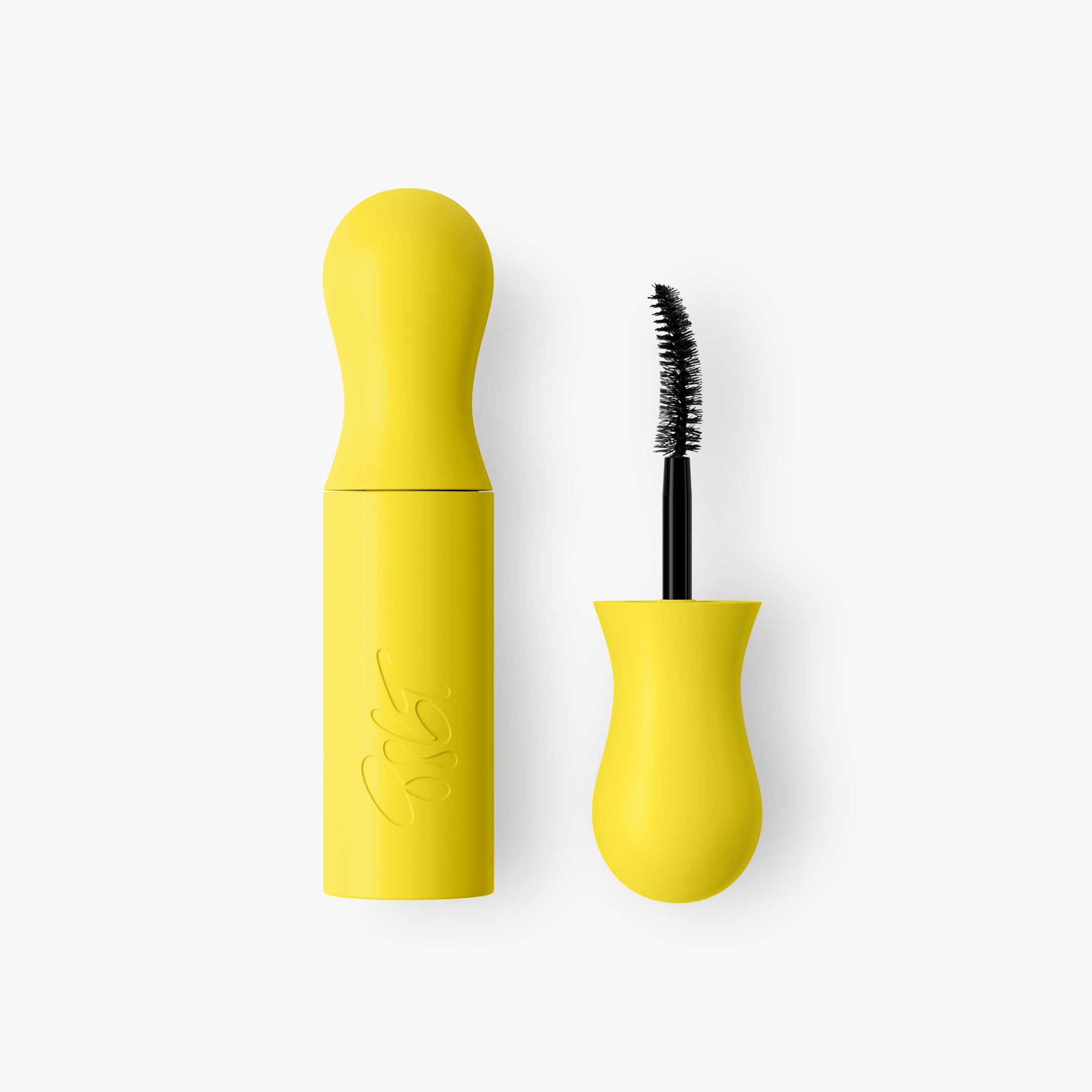 Curved brush short wand black mascara in yellow case 